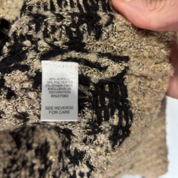 Cato Beige Black Gold Metallic L Drape Open Front Tribal Cardigan Fringe Boho - Picture 9 of 9